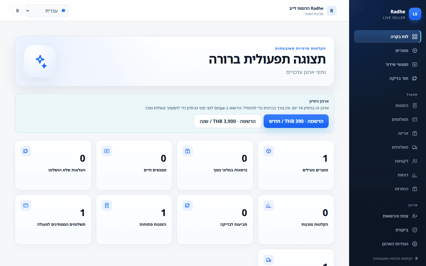 לוח תפעולי: הזמנות פתוחות, סקירה, מוכן לאריזה, לא שולם.