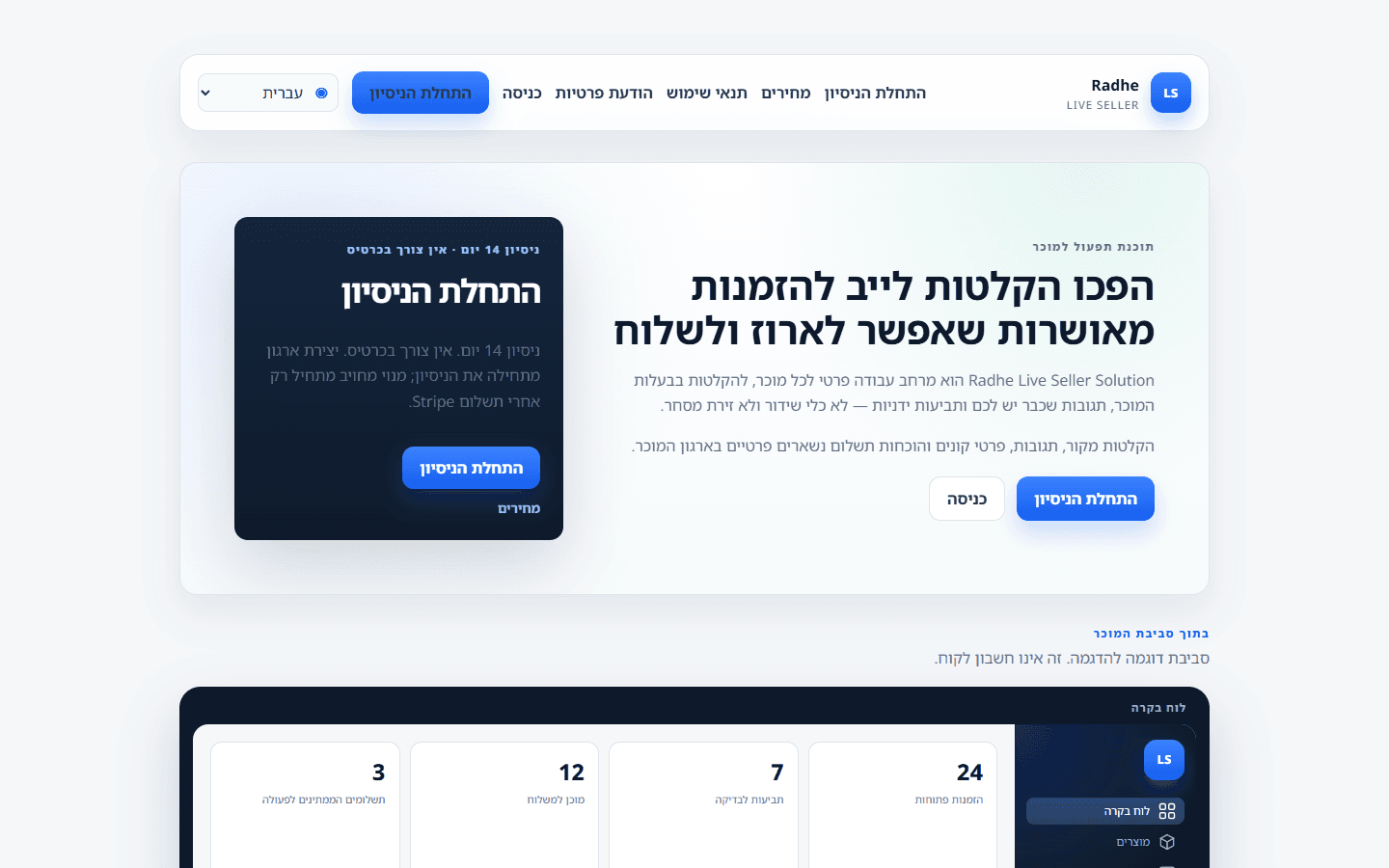 דף הבית של המוצר עם מחירים חיים ותצוגה מקדימה של לוח, קטלוג ואריזה.