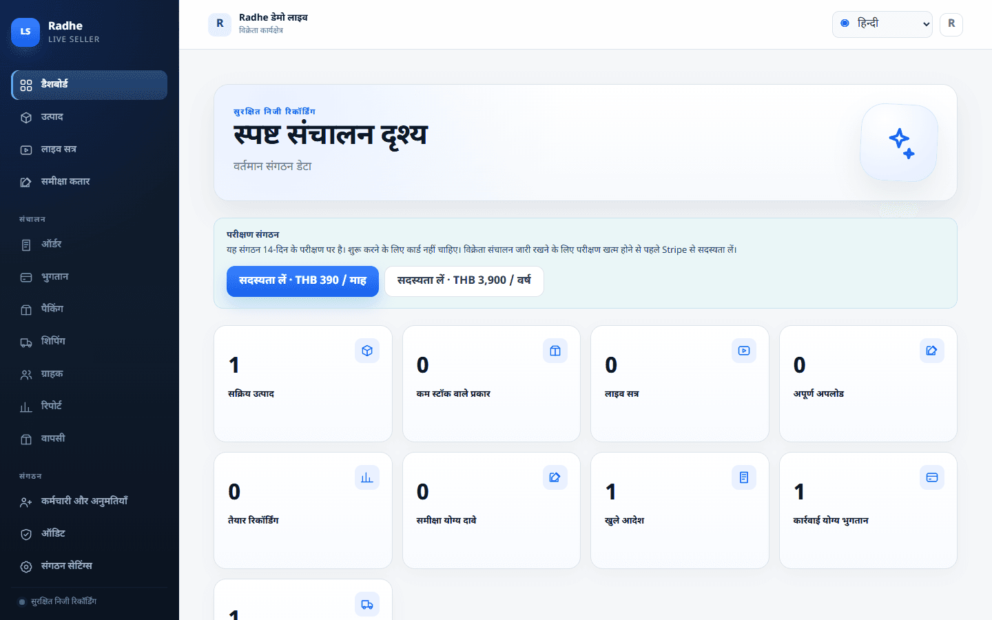 संचालन डैशबोर्ड: खुले ऑर्डर, समीक्षा, पैक के लिए तैयार, भुगतान बाकी।