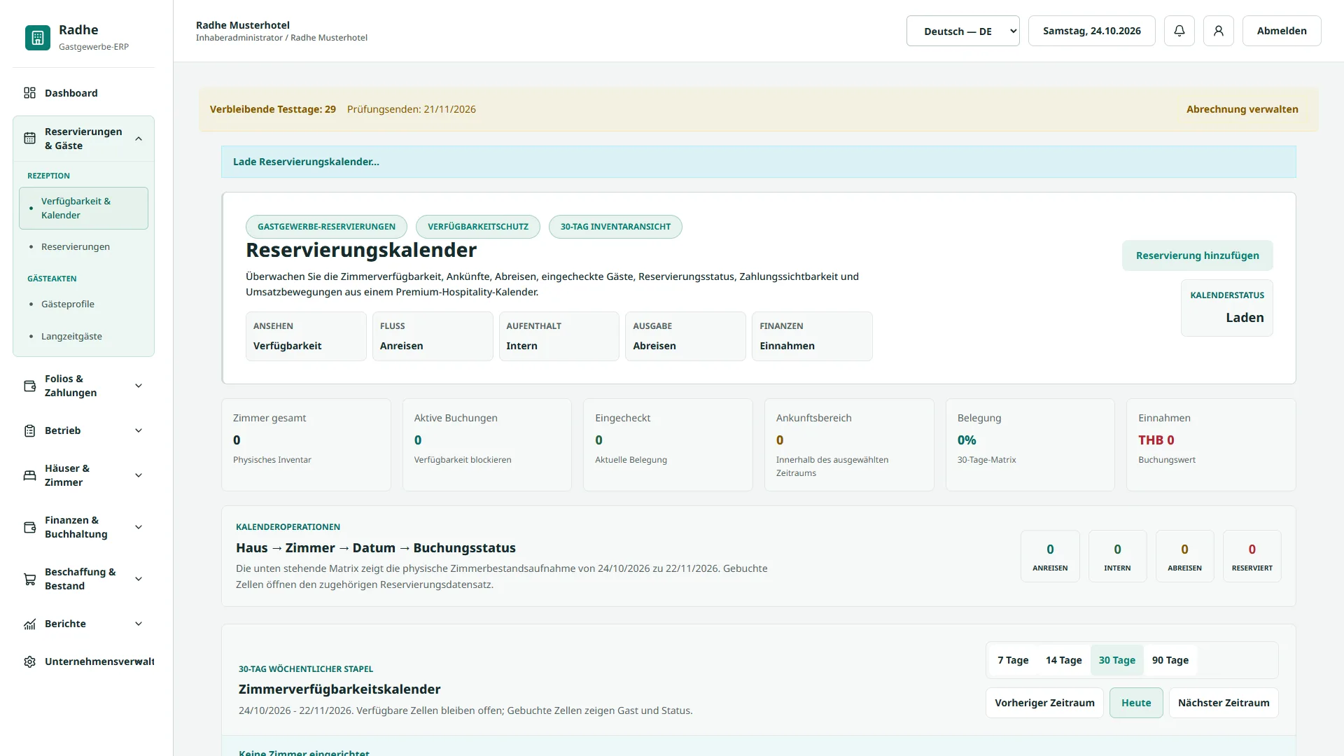 Radhe Hospitality ERP — 30-Tage-Reservierungskalender (Deutsche Benutzeroberfläche)