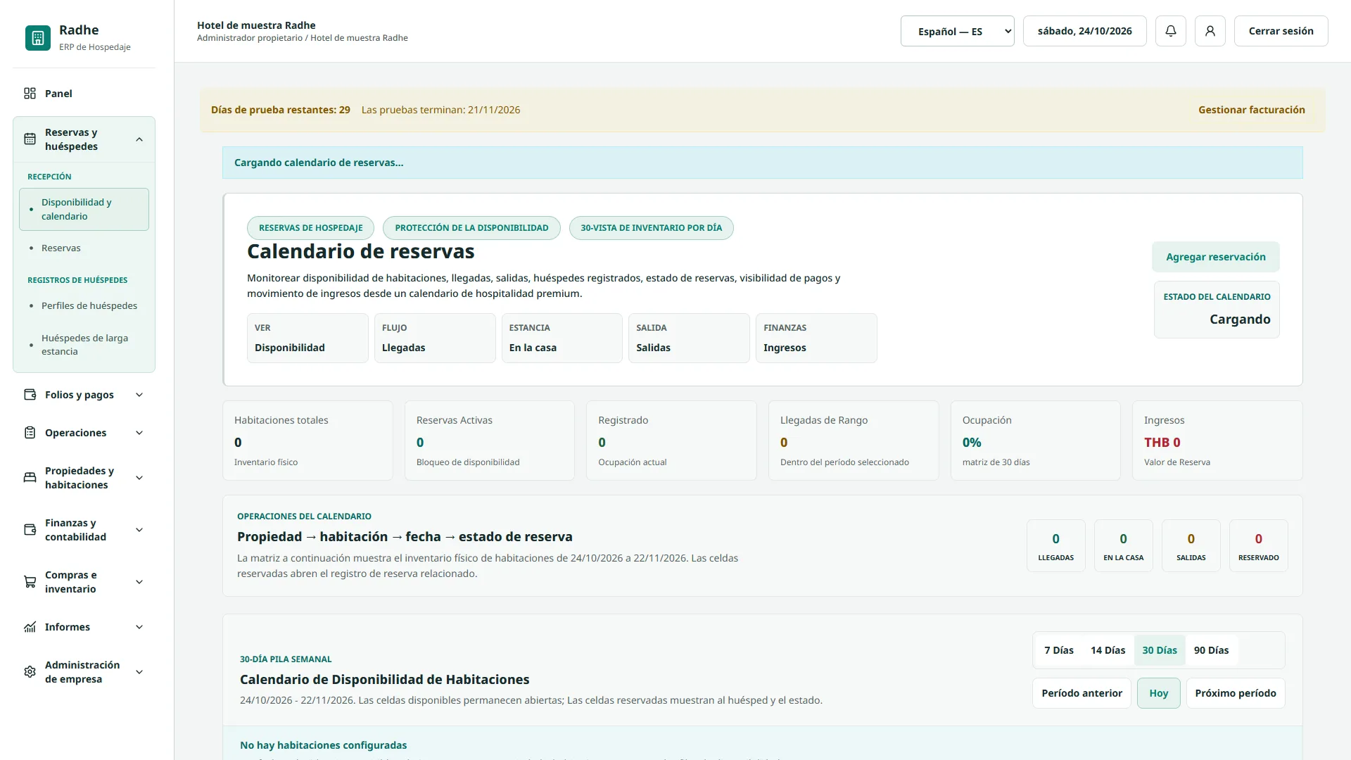 Radhe Hospitality ERP — Calendario de reservas de 30 días (Interfaz en español)