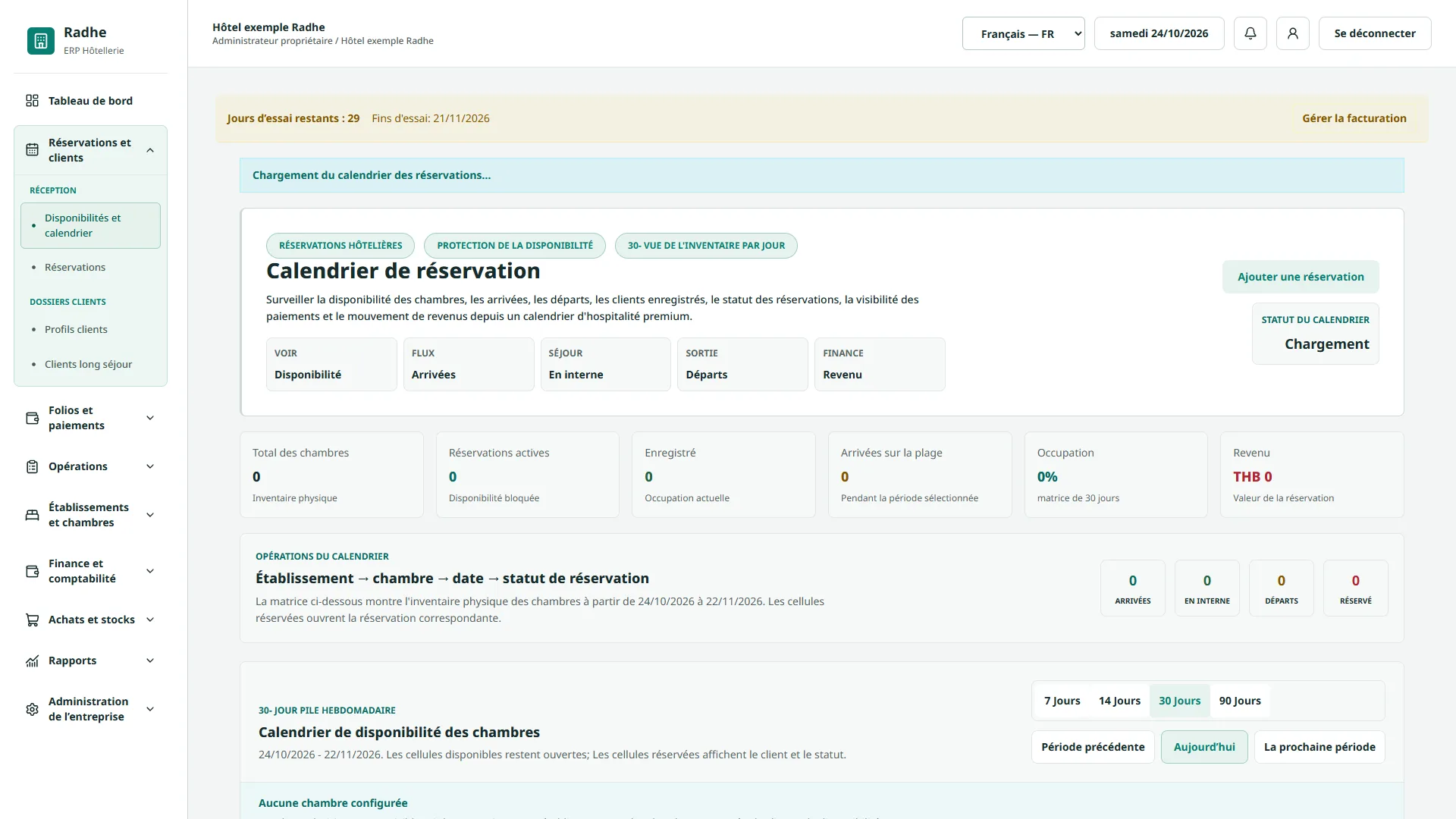 Radhe Hospitality ERP — Calendrier de réservation de 30 jours (Interface en français)