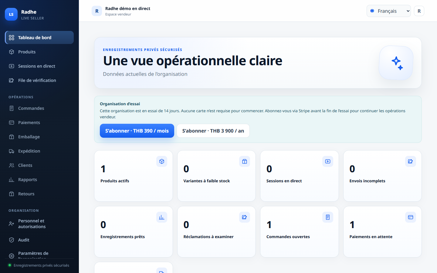 Tableau de bord Radhe Live Seller Solution